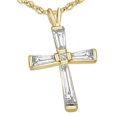 14K Solid Gold cross with baguettes, 1 