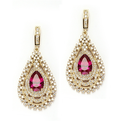 Diamond Essence Designer Earrings with Pear Cut Ruby center in Gold ...