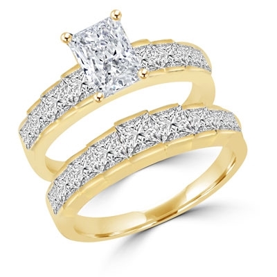 Gold Vermeil wedding set of Diamond Essence radiant emerald center ...